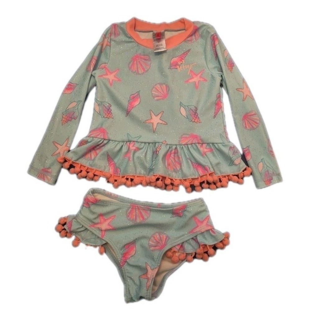 Betsey Johnson Girl's 3T L/S 2 Pc Rash Guard Tankini Swimsuit Blue Sea Shell